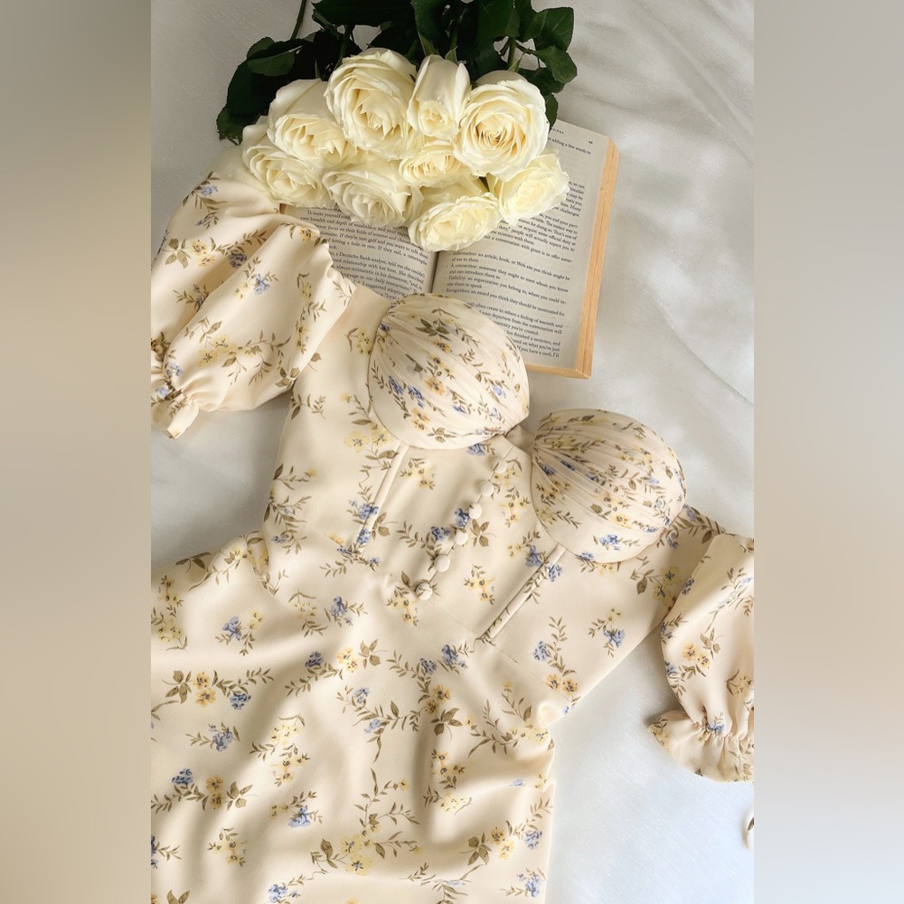 NWT Adeirlina Her Charlotte Midi Dress (Size M). Yellow floral corset dress